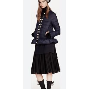 Twinset Simona Barbieri Pearled Trim Ruffle Quilted Puffer Jacket Navy 44 46 M L